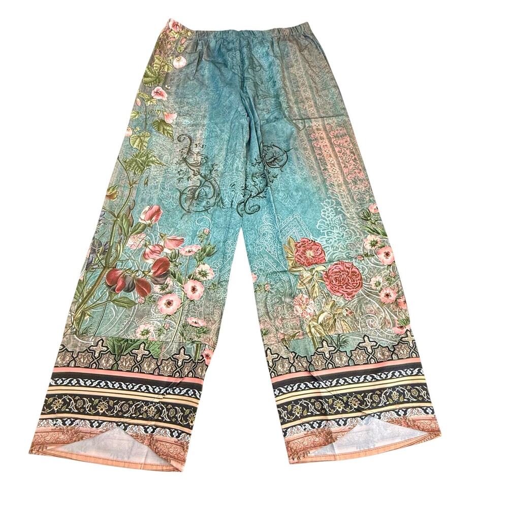 NWOT Elastic Waist Floral Garden Print Pants Light Weight Polyester Side Pockets